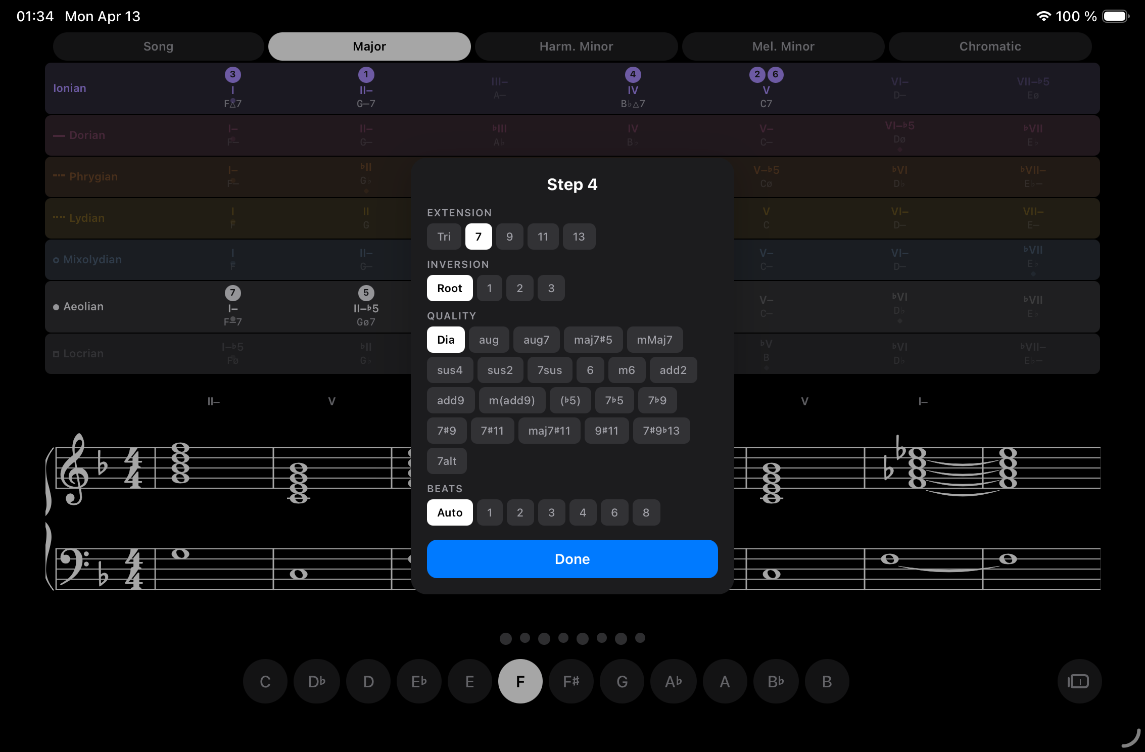 Chord editor overlay with voicing controls