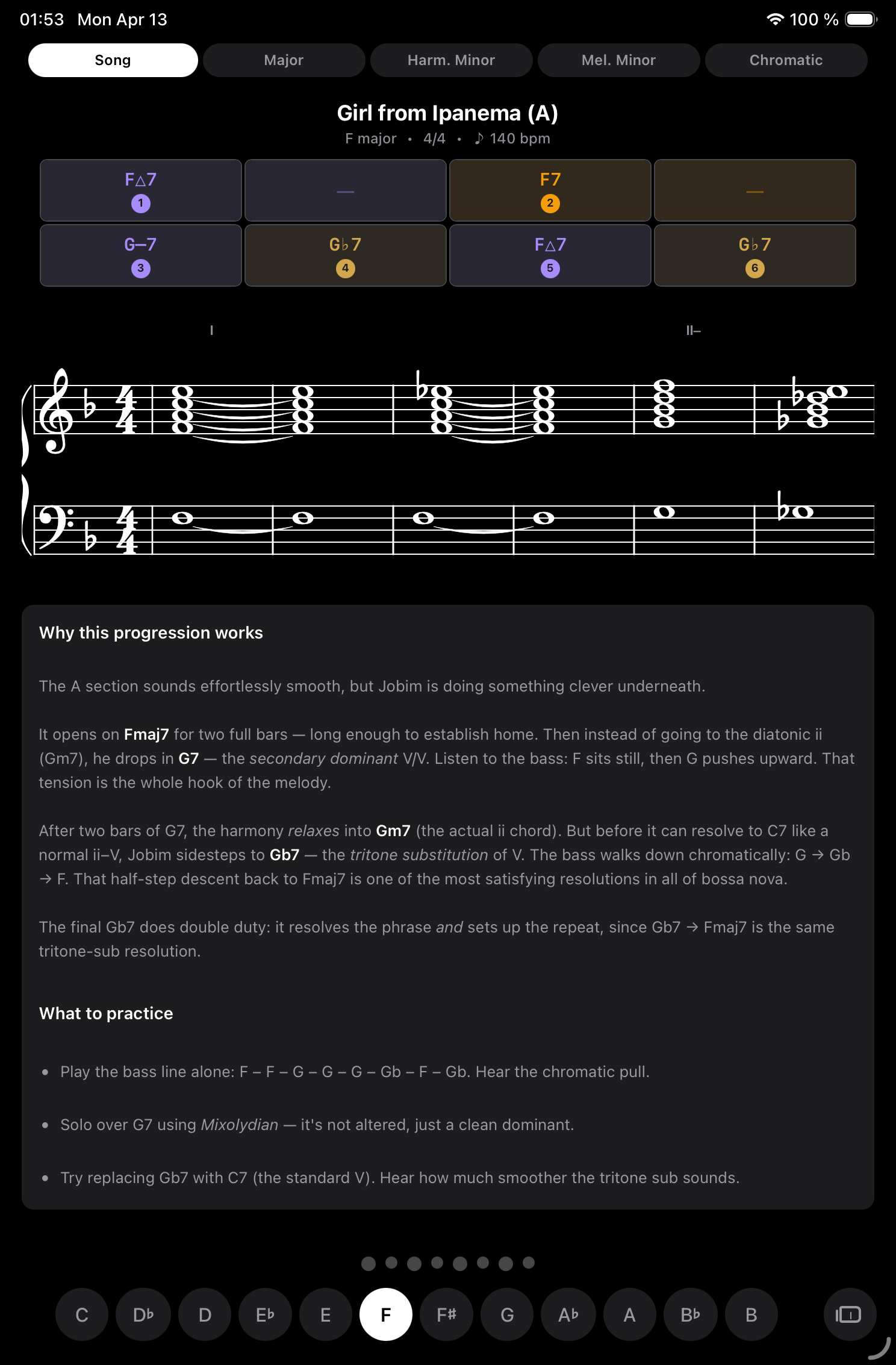 Girl from Ipanema lesson with staff notation and theory notes